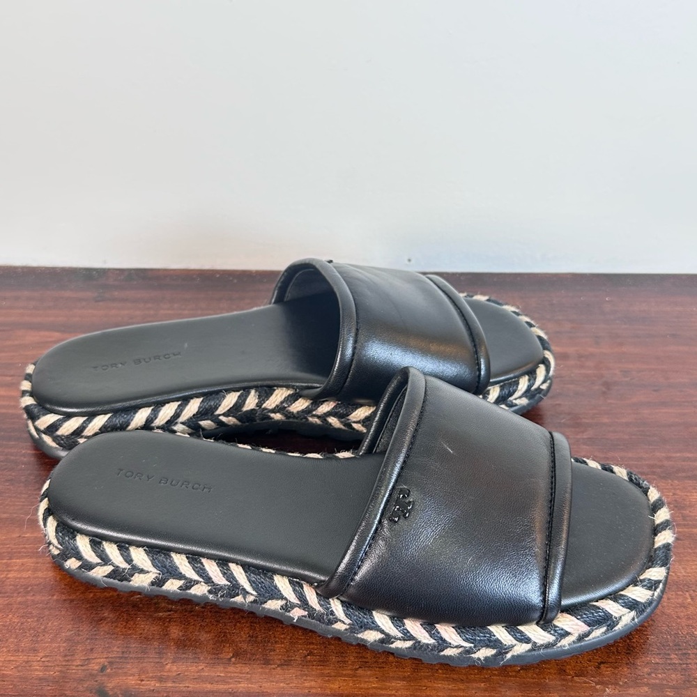 Tory Burch Espadrille Slide Sandal Braided Leather 7 Black Tan Open Toe Flat - Picture 5 of 6